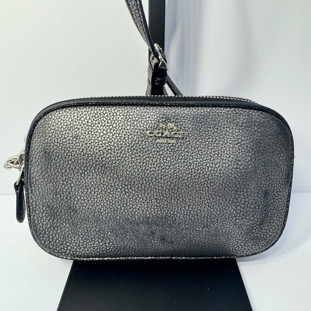 Coach Sadie Crossbody Clutch Bag Metallic Pebbled Leather Double Zip Gunmetal - Picture 2 of 12